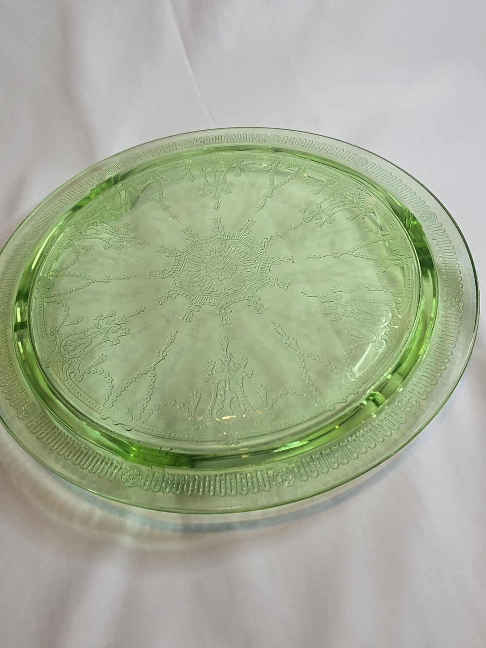 Vintage Green Uranium Depression Glass Footed Cake Plate Cameo Ballerina 1930s